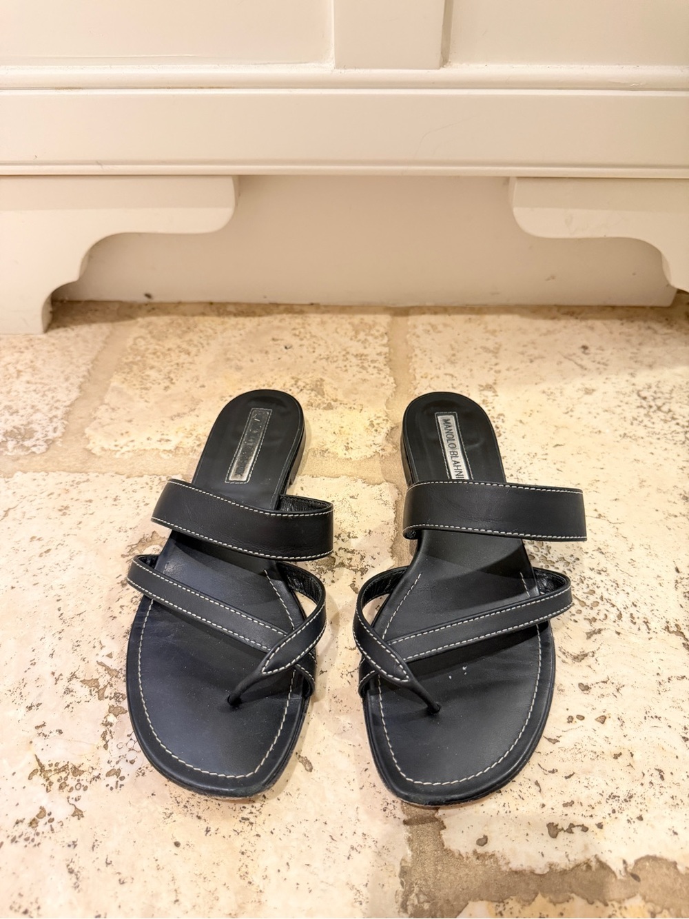 Manolo Blahnik Black Leather Multi-Strap Slide Sandals
